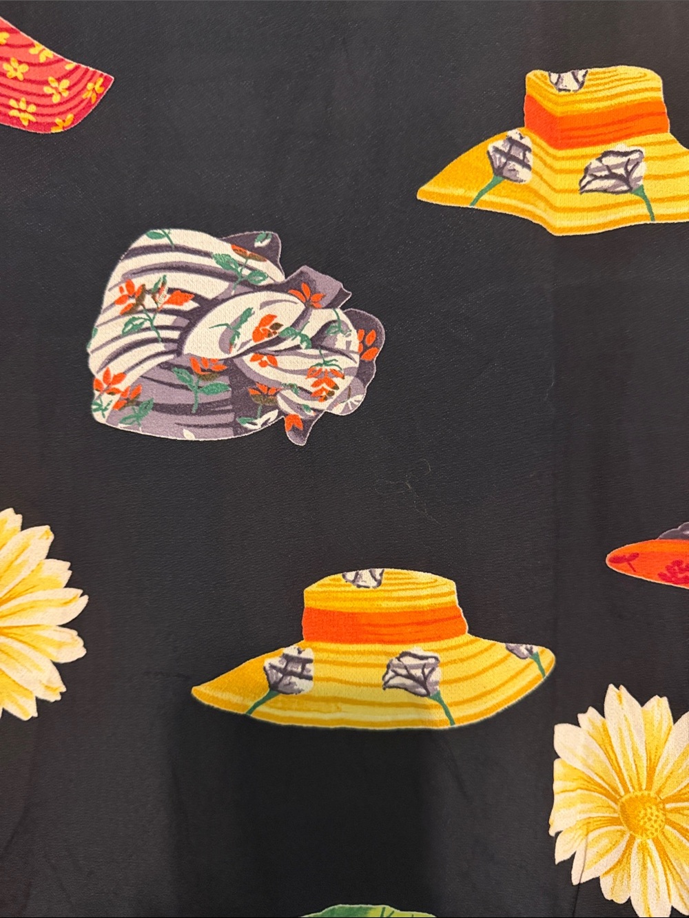 Black Short-Sleeve Button-Down Shirt with Yellow Floral & Multicolor Hat Print - Picture 7 of 8